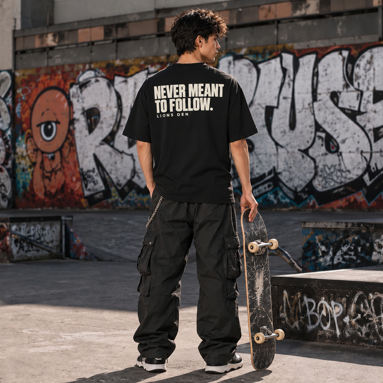Back print reading Never Meant to Follow worn at a skatepark