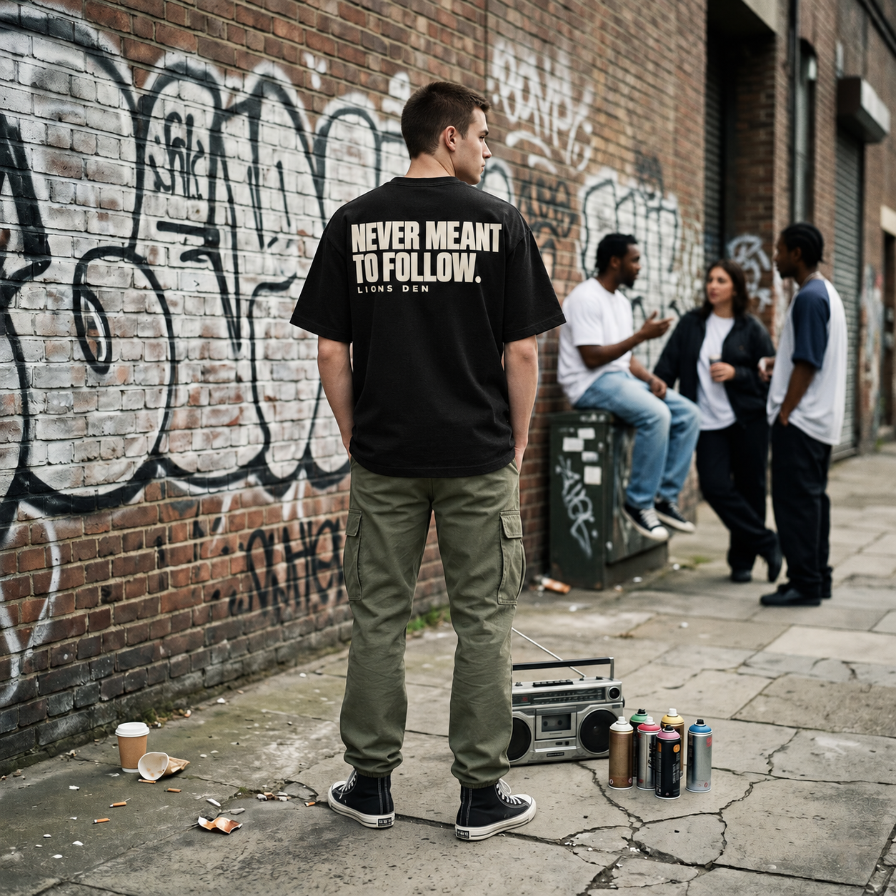 Back print reading Never Meant to Follow worn on a city street