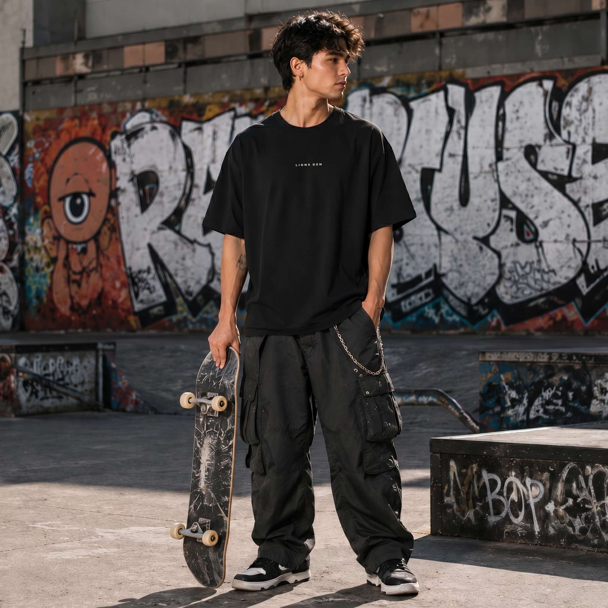 Model wearing the LIONS DEN Original Tee at a skatepark