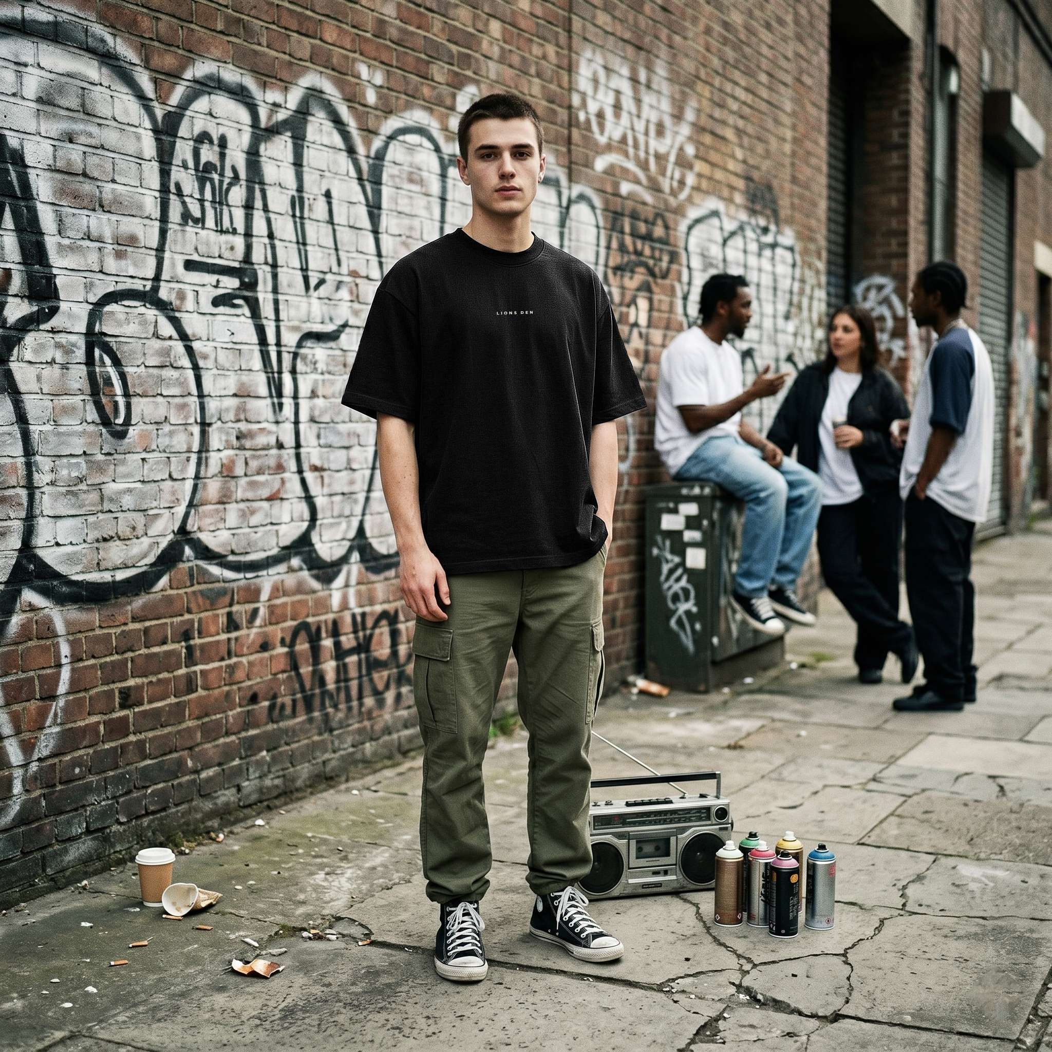Model wearing the LIONS DEN Original Tee on a city street